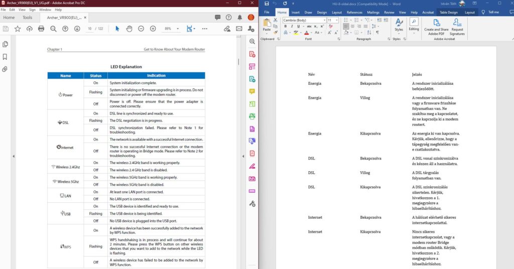 Bal oldalon az eredeti PDF, jobb oldalon a GPT4 által készített Word dokumentum
