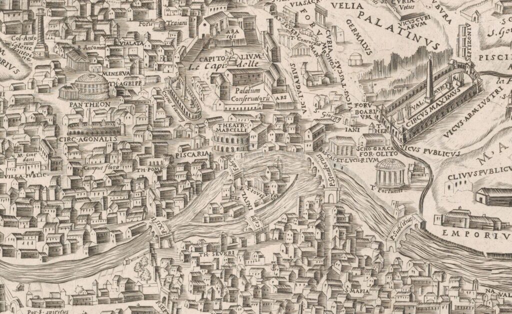 16. századi rajz Róma városáról. Forrás: Speculum Romanae Magnificentiae