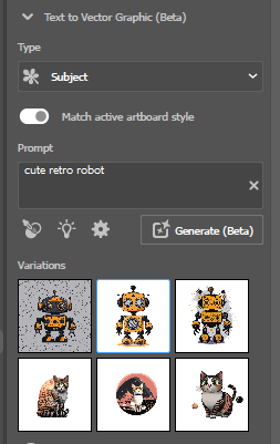 Adobe Illustrator vektoros képgenerálás menüje