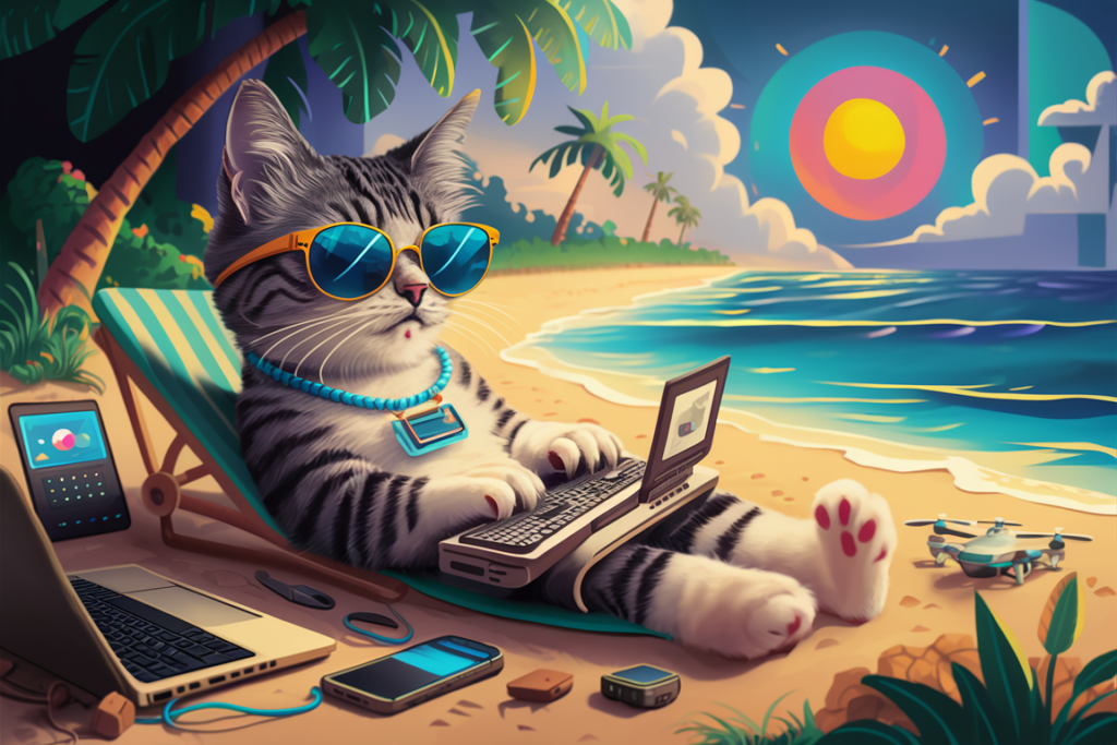 Menő hacker macska a tengerparton.