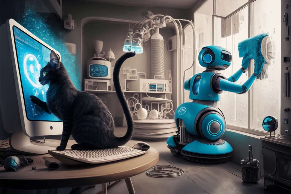 Ideogram AI: Bal oldalt egy fekete macska játszik a számítógépen, jobb oldalt egy kék robot takarítja az ablakot