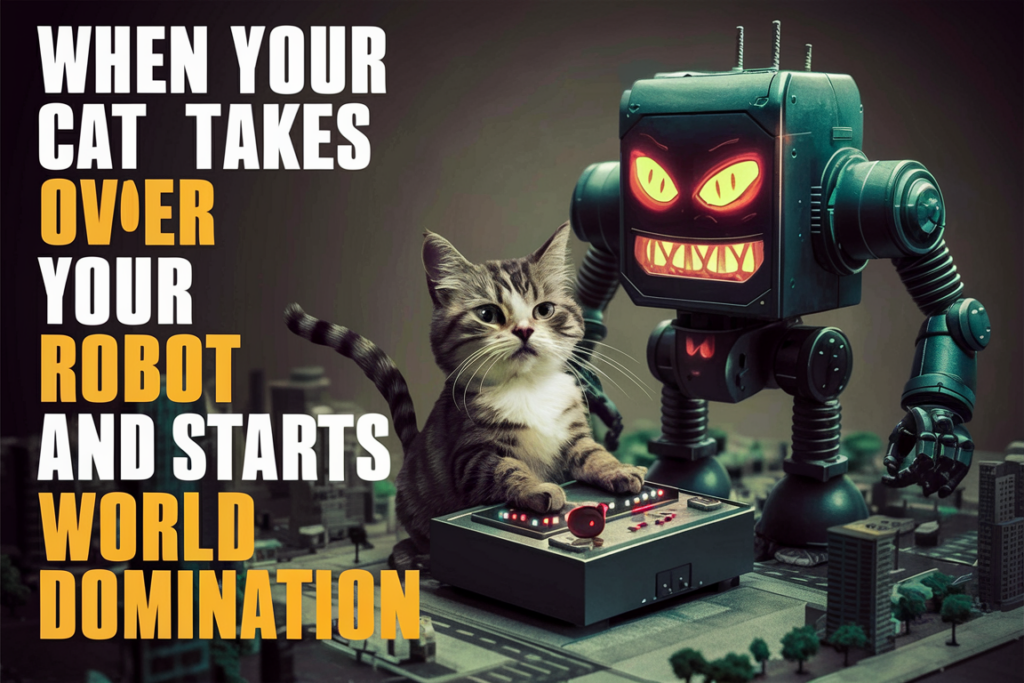 funny meme with text about cat who control an evil robot