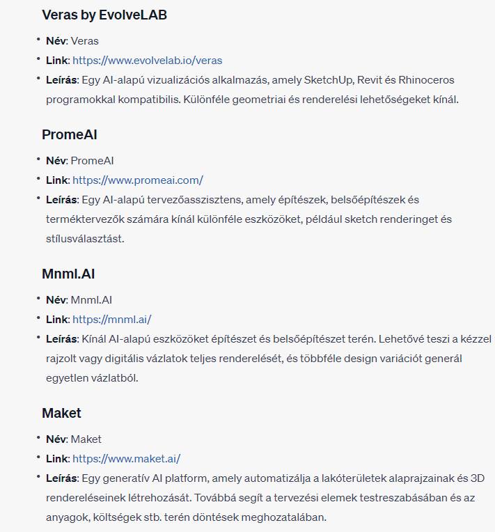 Ez a lista MI programok linkjeit tartalmazta, amiből a ChatGPT egy jobban átlátható, leírásokkal bővített listát készített.