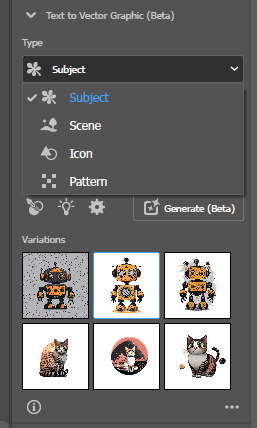 Szöveg-alapú vektoros képgenerálás típusai az Adobe Illusztrator programban.