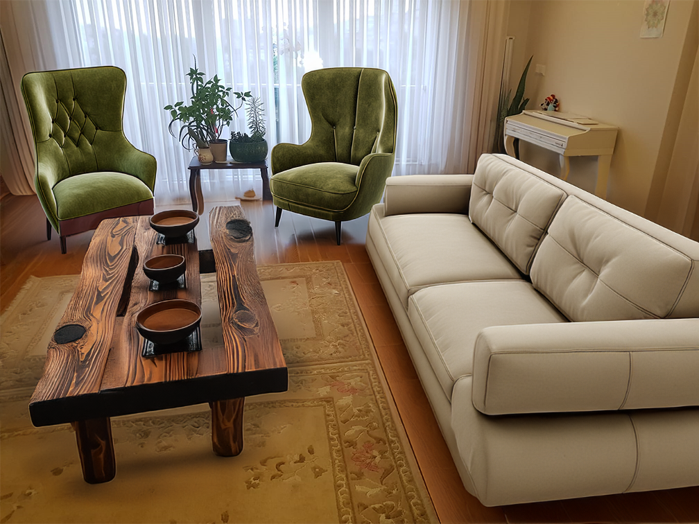 Hagyományos japán teázó faasztal, zöld fotelekkel a háttérben.