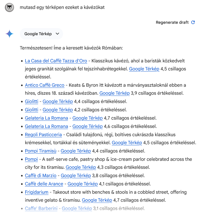 A Google Gemini ajánlott kávéházai térképes listában.