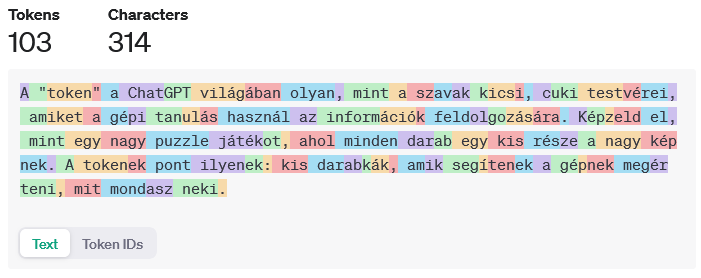 OpenAI tokenizer. Minden szín 1-1 tokent jelez