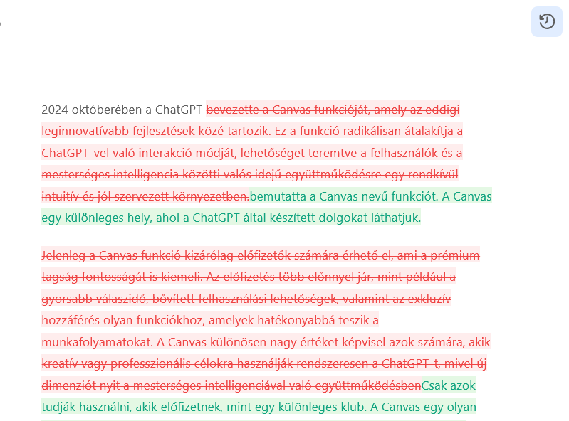 A jobb felső ikonra kattintva láthatjuk, mit változtatott a ChatGPT a szövegben.