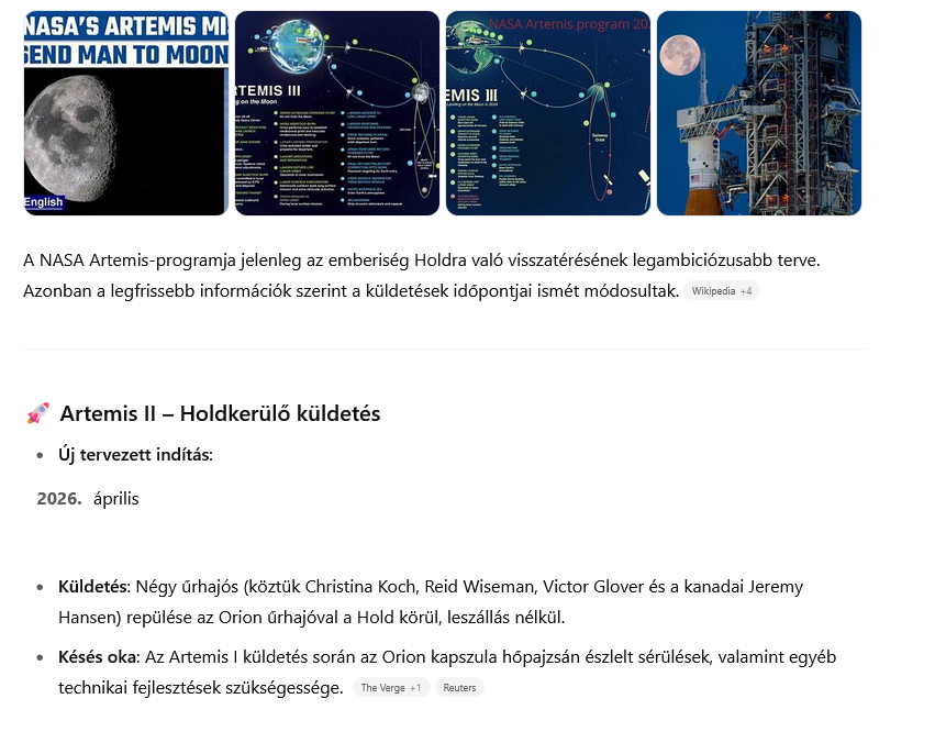 Nyelvi modell válasza az internetes kereséssel egybekötve