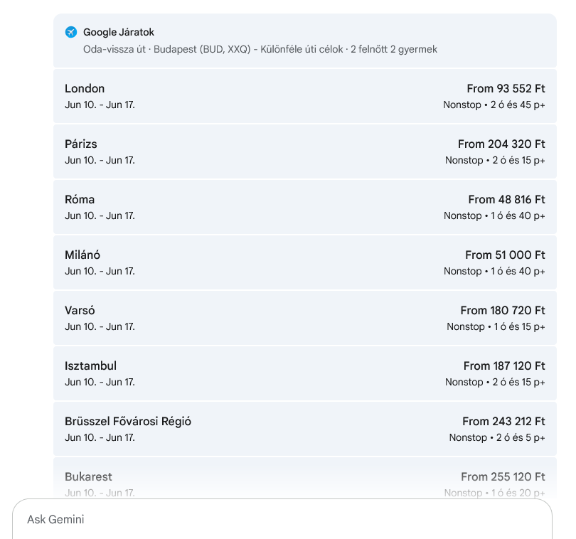 A Google Gemini a Google Flight-al együtt dolgozva megmutatja, hogy mely városokba milyen áron tudunk eljutni a kért időpontokban.