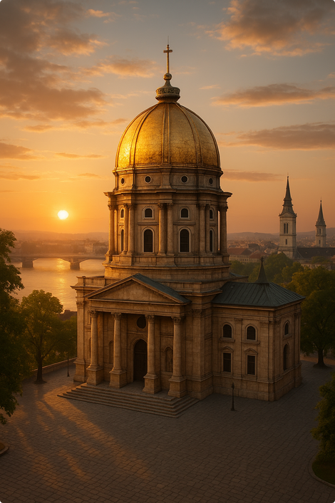 Nagy méretű, neoklasszicista katedrális egy dombtetőn, naplementében, folyópart fölött.
Ez nem az Esztergomi Bazilika