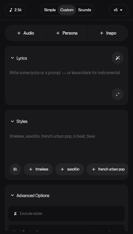 Suno AI beállítások ablak