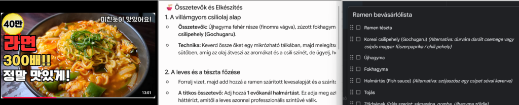 YouTube videóból magyar nyelvű recept, majd pedig bevásárló lista a Google Keep-be
